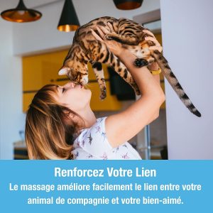 Une femme tient un chat et le texte dit renforcez votre objectif avec Masseur électrique pour chat et chien